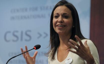 A deputada venezuelana María Corina Machado durante evento em Washington.