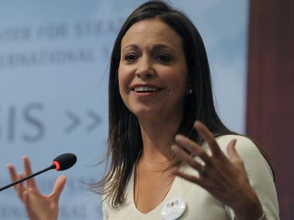 A deputada venezuelana María Corina Machado durante evento em Washington.