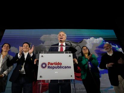 The leader of the Republican Party, José Antonio Kast, in his speech after the result of the election on Sunday, May 7.