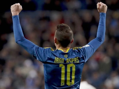 Iago Aspas celebra su gol frente al Real Madrid, durante el partido de ida de la Copa del Rey