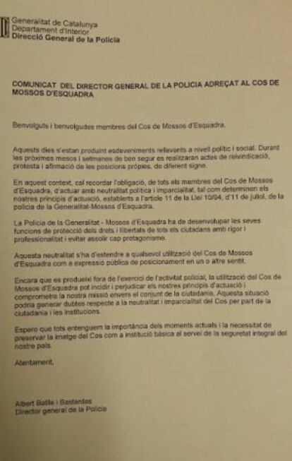El comunicado del director de los Mossos, Albert Batlle, pidiendo "neutralidad e imparcialidad" a los agentes