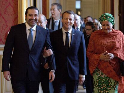El primer ministro liban&eacute;s, Saad Hariri, el presidente franc&eacute;s, Emmanuel Macron y la vicesecretaria general de la ONU, Amina Mohammed, en Par&iacute;s