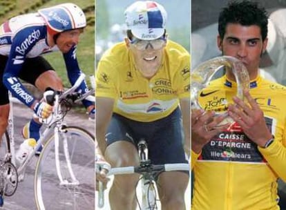 Los tres que ganaron siete Tours dirigidos por Echávarri y Unzue: Perico (1988), Indurain (1991-1995) y Pereiro (2006), de izquierda a derecha.