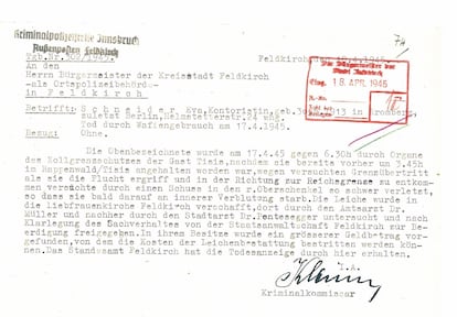 Informe de la policía judicial de Feldkirch al alcalde sobre la muerte de Hilda Monte en abril de 1945.