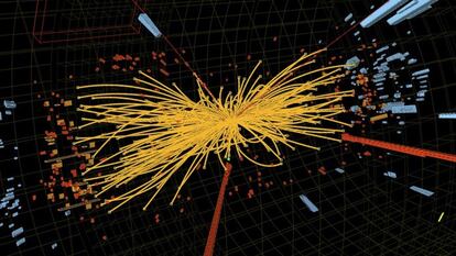 El gráfico del Laboratorio Europeo de Física de Partículas (CERN), presentado en Ginebra en 2019, muestra una colisión de protones en el LHC, realizada para dar con el bosón de Higgs.