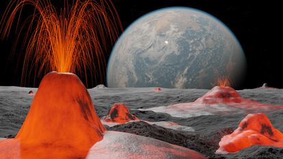 Artist's recreation of how proximity to Earth caused a tidal heating event on the Moon that remelted a large part of the satellite.