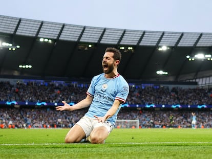 Bernardo Silva celebraba el miércoles el segundo gol del Manchester City ante el Real Madrid en la semifinal de la Champions League, en el Etihad Stadium de Mánchester.