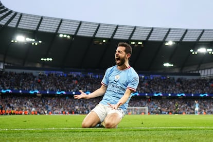 Bernardo Silva celebra el segundo gol del Manchester City ante el Real Madrid en la semifinal de la Champions League