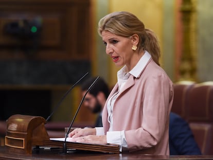 La vicepresidenta segunda del Gobierno, Yolanda Díaz, en el Congreso de los Diputados, este martes.