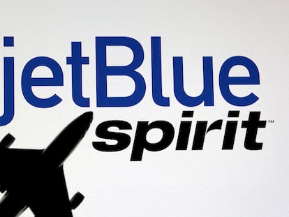 Airplane model is placed on displayed Spirit Airlines and jetBlue Airways logos in this illustration taken, June 21, 2022.