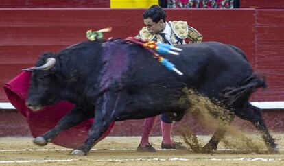 El novillero Fernando Beltr&aacute;n pasa de muleta al cuarto de la tarde. 