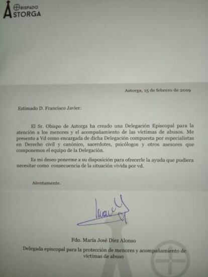 Carta que el obispado ha enviado a las víctimas.