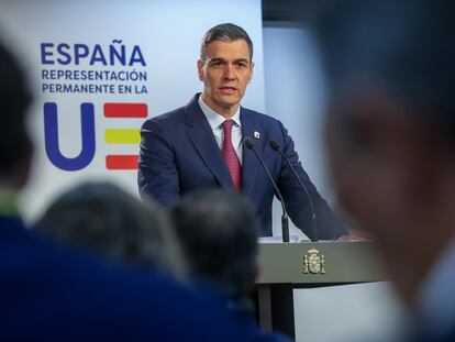 El presidente del Gobierno, Pedro Sánchez, durante la rueda de prensa de este viernes tras la reunión del Consejo Europeo en Bruselas (Bélgica).