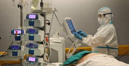 Un paciente con covid en la UCI del Hospital Reina Sofía (Andalucía).