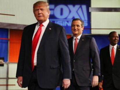 Donald Trump, Ted Cruz, Ben Carson y Jeb Bush, este jueves en el plat&oacute; del debate.