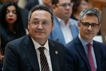 El fiscal general del Estado, Álvaro García Ortiz, junto al ministro de Justicia, Félix Bolaños, este miércoles en la inauguración de la 32ª Asamblea General Ordinaria de la Asociación Iberoamericana de Ministerios Públicos (AIAMP), que se ha celebrado en Madrid.