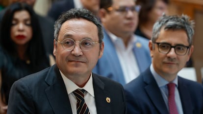 El fiscal general del Estado, Álvaro García Ortiz, junto al ministro de Justicia, Félix Bolaños, este miércoles en la inauguración de la 32ª Asamblea General Ordinaria de la Asociación Iberoamericana de Ministerios Públicos (AIAMP), que se ha celebrado en Madrid.