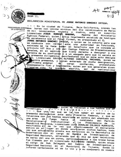 Primera hoja de la declaración de Jorge Antonio Sánchez Ortega ante la Fiscalía.