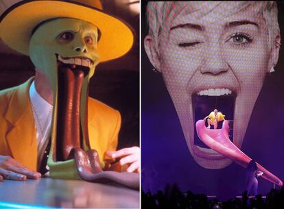 Abrir la boca y sacar la lengua se han convertido en el gesto más popular de Miley Cyrus. Su actuación en la gala de MTV de 2013 en la que hizo 'twerking' (baile provocativo) con Robin Thicke fue la inauguración oficial de la constante exhibición de lengua de la intérprete. Mientras para la opinión pública este gesto era un acto de provocación para la propia Cyrus es una actitud que le va a definir para el resto de su carrera. Y lo utiliza en sus espectáculos. La inspiración de este número la extrae del personaje que interpretó Jim Carrey en la película 'La Máscara', de 1994.