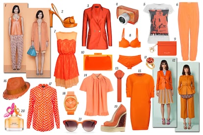 1. Bimba & Lola. 2. Moschino Cheap&Chic Sandalia de piel y charol. 3. Purificación García Blazer cruzada con dos botones. 4. Pull & Bear Fragancia unisex “Shot Orange”. 5. Philipp Plein Camiseta con fotografía y leyenda. 6. Chloé Pantalón baggy de tiro alto. 7. Poète Vestido sin mangas de gasa y encaje. 8. Etam Conjunto de lencería de encaje. 9. Dior Tarjetero de piel con charms. 10. Zara Clutch rígido de plástico transparente. 11. Louis Vuitton Anillo dorado con cristal. 12. Bimba & Lola. 13. Loewe Marcapáginas de piel con cara de perro. 14. Mulberry Blusa de manga corta con mini peplum. 15. Alexander McQueen Vestido de punto. 16. Bimba & Lola Sombrero de rafia con ribete de colores. 17. Topshop Camisa de lunares. 18. Adidas Reloj de plástico con bisel dorado y logo en la esfera. 19. Brian Atwood Zapato de rafia con cuña de pitón y esparto. 20. Marc Jacobs Eau de toilette “Daisy Sunshine”. 21. Carrera Gafas de sol con montura de pasta y metal.