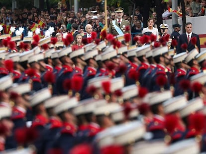 La Familia Real, el presidente del Gobierno y la ministra de Defensa durante el desfile del 12 de octubre de 2019 en Madrid.