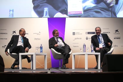 Carlos Slim, Juan Luis Cebrián y César Alierta.