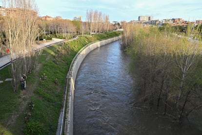 Varias personas junto al caudal del río Manzanares a su paso por Madrid Río,  este miércoles. 