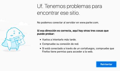 Mensaje mostrado por el navegador Mozilla al intentar acceder a la web de Parler