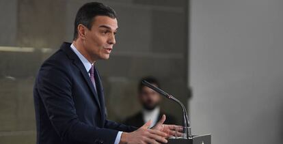 Pedro Sánchez, durante una rueda de prensa en Moncloa. 