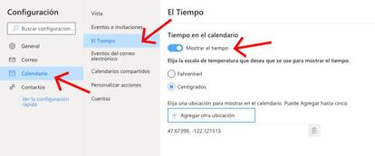 Configura el tiempo en Outlook.