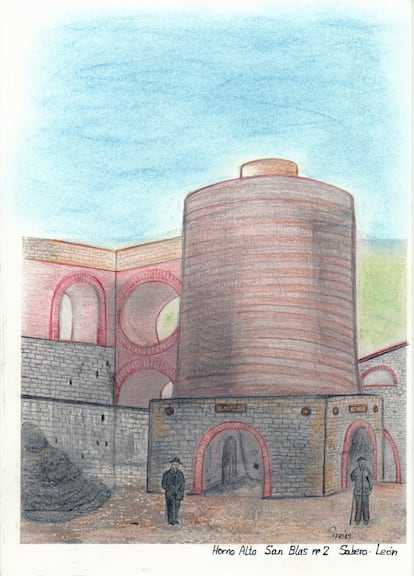 Dibujo en uno de los paneles del Museo de la Siderurgia y la Minería de uno de los dos altos hornos que tuvo la Ferrería de San Blas en Sabero (León).