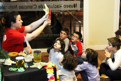 Elena Gazo narra un cuento a varios niños en el MNCN.