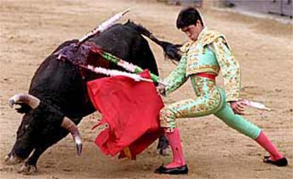 El novillero Abraham Barragán durante un lance en el tercer toro de la tarde, de nombre Saltaramo.