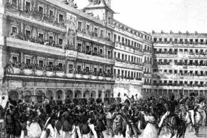 Celebración en Madrid, en 1836, por la nueva proclamación de la Constitución de 1812.
