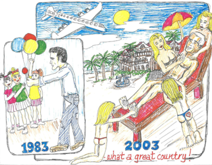 Ilustración que representa a Epstein con niñas a las que regala globos y que, pasados 20 años, le dan un masaje.
