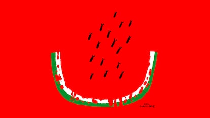 Ilustración de Del Hambre para la columna 'Palabras en la oscuridad ante el genocidio en Gaza”, de Guillermo Altares, 10 de agosto de 2025.