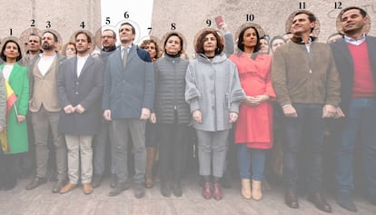 De izquierda a derecha: (1) Rocío Monasterio (Vox), (2) Javier Ortega Smith (Vox), (3) Santiago Abascal (Vox), (4) Cristiano Brown (UPyD), (5) Javier Maroto (PP), (6) Pablo Casado (PP), (7) Dolors Monserrat (PP), (8) Carmen Moriyón (Foro Asturias), (9) Yolanda Ibáñez (UPN), (10) Begoña Villacís (Ciudadanos), (11) Albert Rivera (Ciudadanos) y (12) Ignacio Aguado (Ciudadanos).