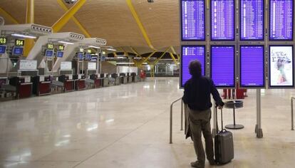 Un pasajero, con su maleta, consulta unos paneles informativos con los horarios de las salidas de los vuelos.