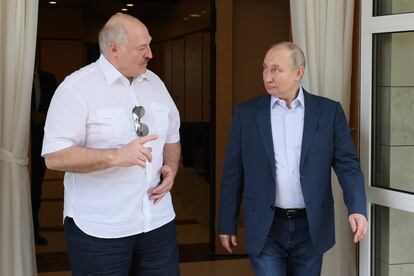 Belarusian President Aleksandr Lukashenko chats with his Russian counterpart Vladimir Putin during a meeting in Sochi, Russia on June 9, 2023.