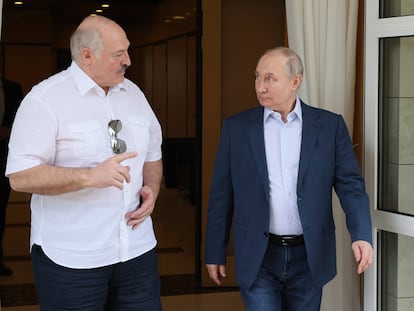 Belarusian President Aleksandr Lukashenko chats with his Russian counterpart Vladimir Putin during a meeting in Sochi, Russia on June 9, 2023.