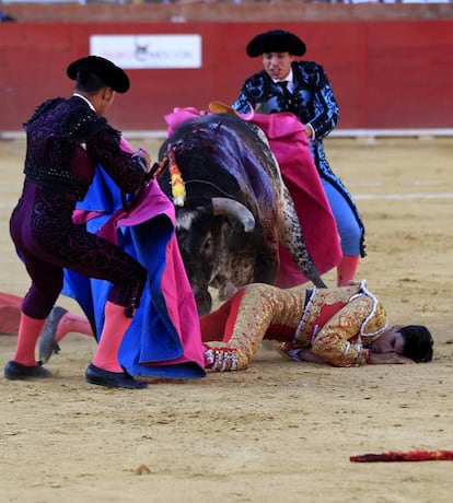 El tercero de la tarde, de la ganadería Los Maños, ha empitonado al diestro en el costado. En un descuido en el que el viento le destapó, tuvo la cogida y una vez en el suelo, el toro le corneó en el costado.