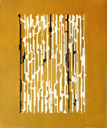 Pablo Palazuelo, Sin título, 1989
Gouache sobre lienzo 51,8 x 43 cm. Mural en la Torre Picasso, Madrid (1988-1990)