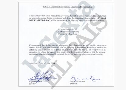 Uno de los documentos de administración de Luverne, remitido a una gestora andorrana vinculada a Andbank