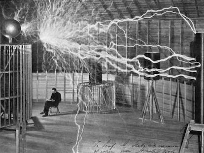 Fotomontaje realizado por Nikola Tesla de su laboratorio en Colorado Springs (EE UU) en la década de 1890.