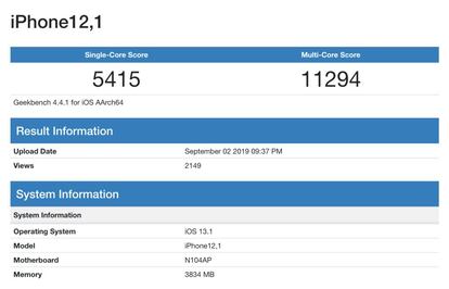 Benchmark del futuro iPhone 11 con 4GB RAM.