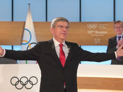 El presidente del COI, el alemán Thomas Bach, este miércoles en una reunión telemática del organismo.