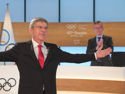 El presidente del COI, el alemán Thomas Bach, este miércoles en una reunión telemática del organismo.