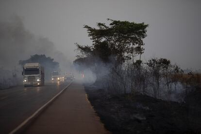 "O problema é que as florestas queimadas perdem carbono à medida que as árvores queimadas morrem lentamente, o que causa uma mudança climática maior e maior perda de biodiversidade", diz o ecologista David Edwards. Na imagem, caminhões circulam ao lado de um campo queimado no município de Nova Santa Helena, no dia 23 de agosto.