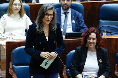 La portavoz de Más Madrid en la Asamblea regional, Manuela Bergerot, interviene en el pleno que se celebra este jueves. 
