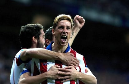 Torres celebrando un gol en su nueva etapa con el Atlético.